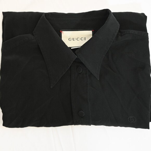 Gucci Black 100% Silk Shirt with Subtle GG Embroidery Very Good Condition - Picture 12 of 12